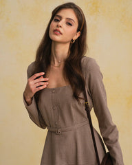 Brown Gingham Square Neck Belted Maxi Dress